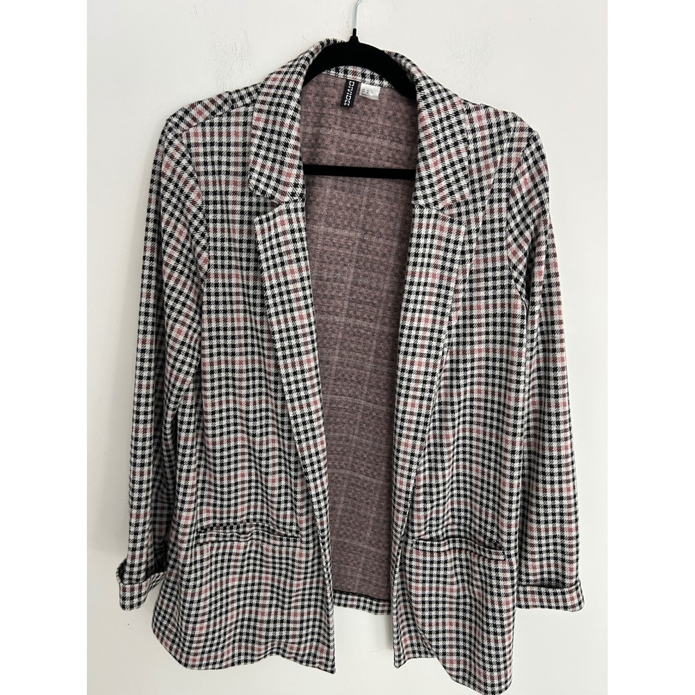 HM Divided Womens Houndstooth Open Front Blazer Pink Black White Sz M Office